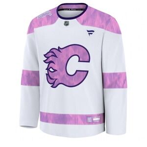 Calgary Flames NHL Hockey Fights Cancer Jersey Fanatics White Purple Mens‎